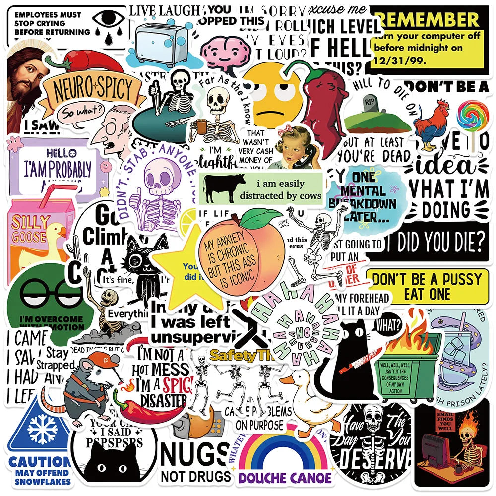 50pcs Funny Cartoon Snarky Meme Stickers For Laptop Water Bottle Luggage Notebook Phone Waterproof Graffiti Vinyl Decals