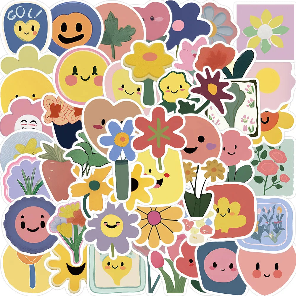 50pcs Cartoon Flower Smiley Face Stickers for Helmet, Wall, DIY Decoration