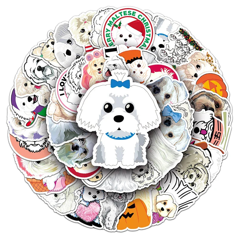 50Pcs Maltese Dog Cartoon Waterproof Vinyl Stickers