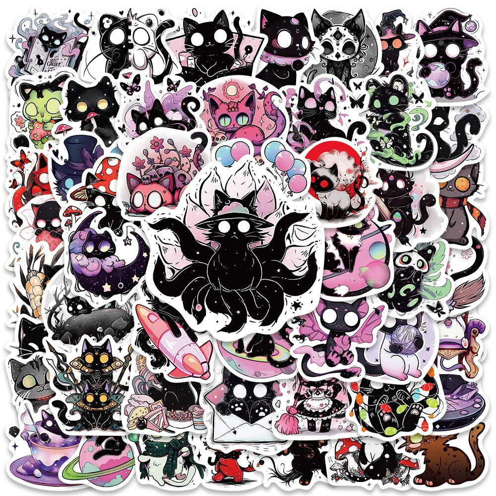 50PCS Kawaii Witch Cat Stickers for Laptop, Fridge, Suitcase, Bottle, Phone
