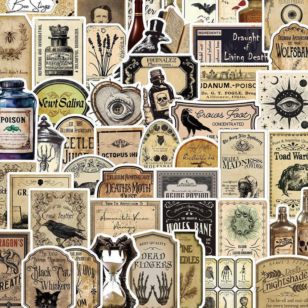 10/30/50PCS Vintage Horror Poison Label Stickers Gothic Pharmacist Decals Waterproof Graffiti Toys DIY Skateboard Scrapbook Bike