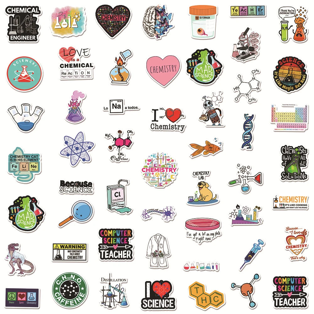 10/30/50pcs Cartoon Science Chemistry Biology Laboratory Waterproof Stickers Decals DIY Laptop Suitcase Diary Decoration Sticker