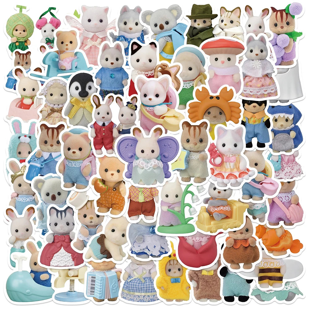 55pcs Kawaii Sylvanian Families 3D Calico Critter Waterproof Sticker Set for Car, Laptop, Phone, Journal, Diary, Kid Toy
