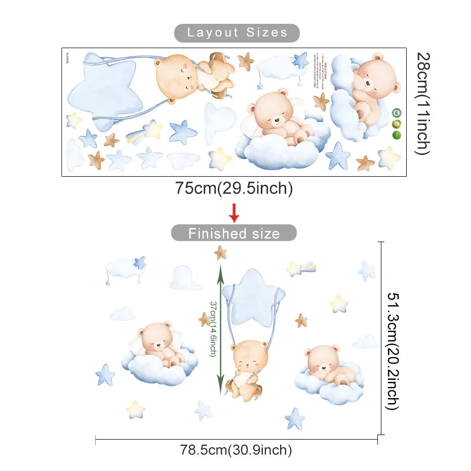 Cartoon Bear Cloud Star Nursery Wall Stickers Kids Room Decor