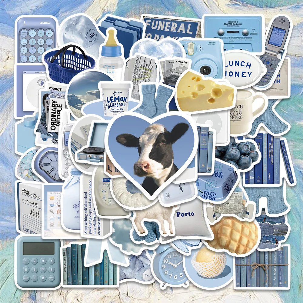 60PCS Blue Stickers for Skateboard, Fridge, Phone, Guitar, Motorcycle, Luggage, Kids Toy Decals