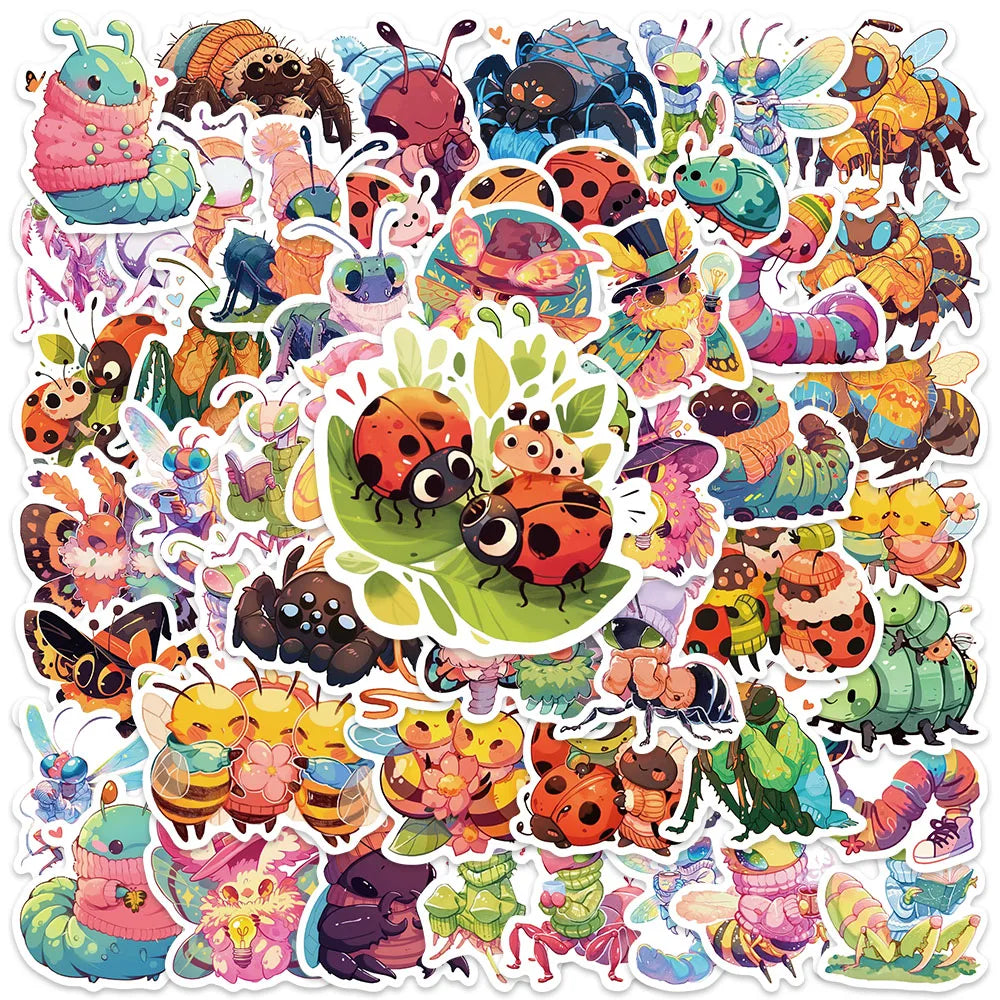 50pcs Cute Cartoon Bee Spider Ladybug Insect Stickers For Kids Luggage Laptop Water Bottle Diary Phone Vinyl Bicycle Decals
