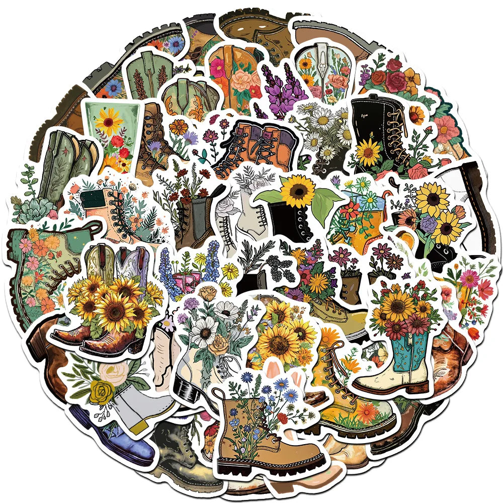 Cartoon Flower Boots Stickers for Suitcase, Skateboard, Laptop, Luggage, Phone - 10/30/50Pcs DIY Decals