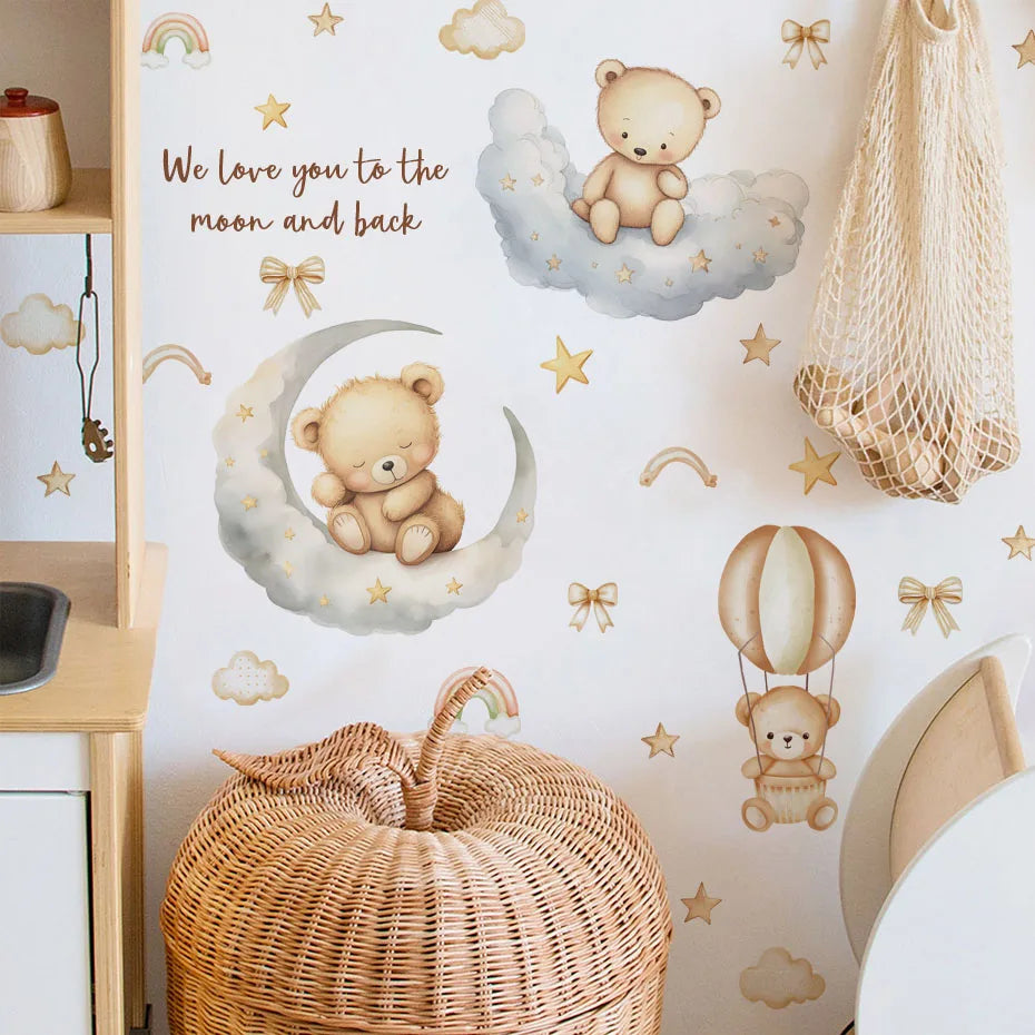 Cute Bear Clouds Moon Stars Wall Stickers Nursery Decals Bedroom