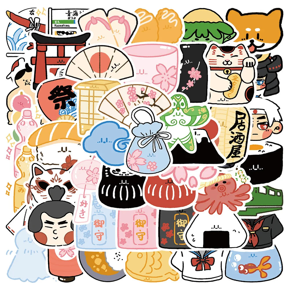 50PCS Cute Anime Fortune Cat Stickers for DIY Scrapbook, Laptop, Motorcycle, Decal, Graffiti