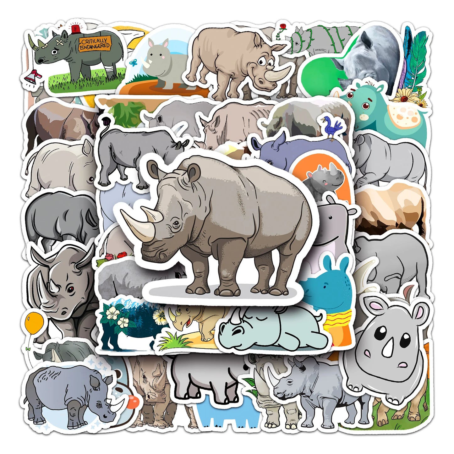 50Pcs Rhino Cartoon Waterproof Vinyl Stickers for Skateboard Snowboard