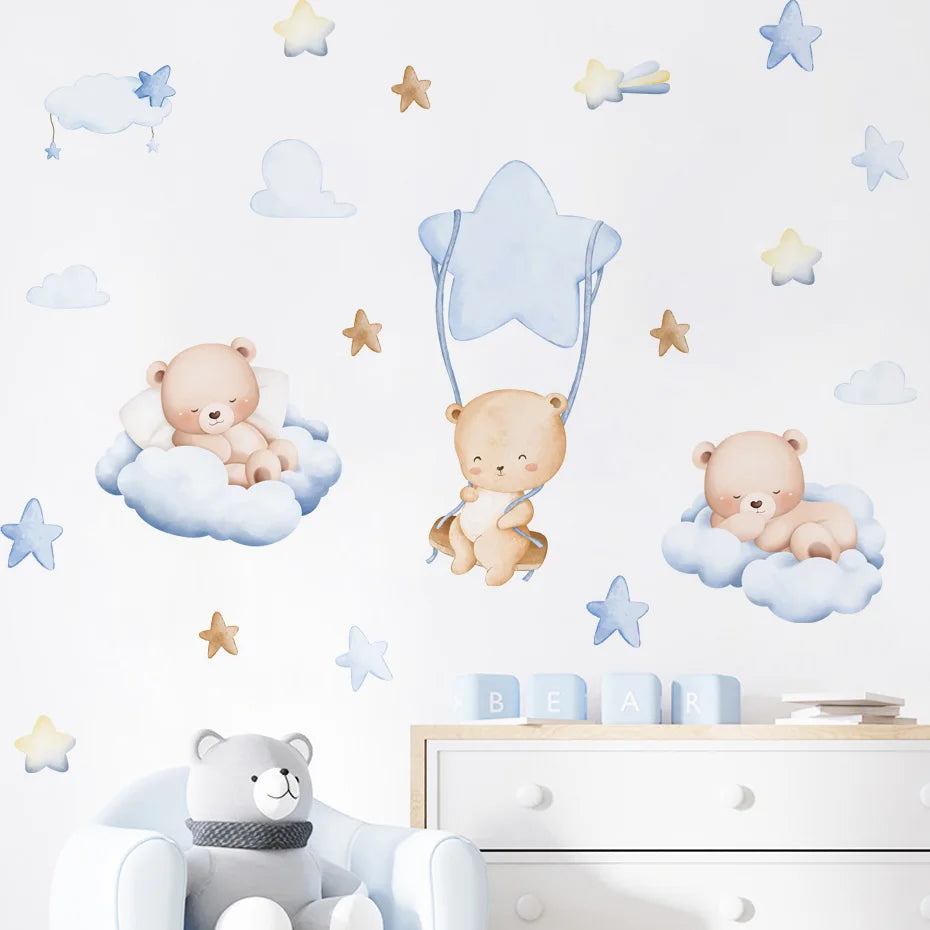 Cartoon Bear Cloud Star Nursery Wall Stickers Kids Room Decor