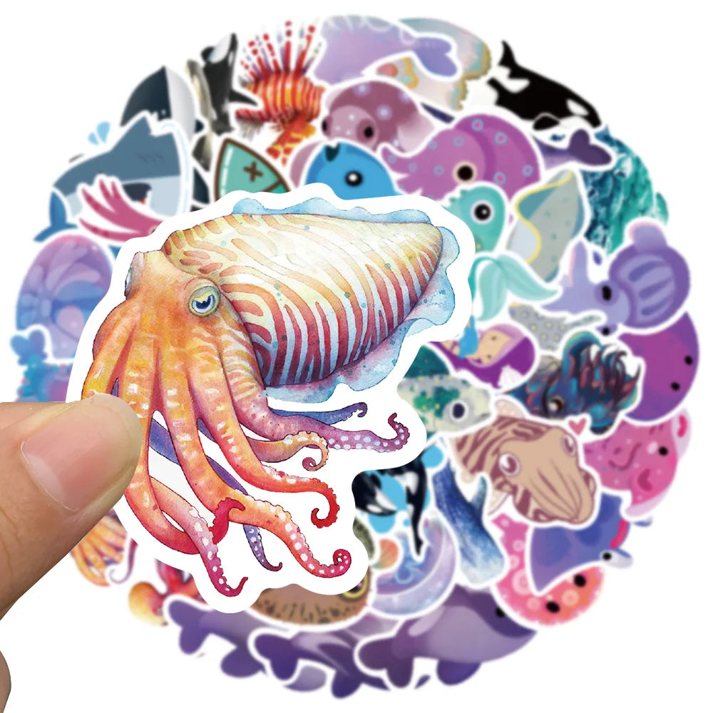 50pcs Cute Cartoon Ocean Series Animals Stickers For Luggage Laptop Guitar Skateboard Decor Waterproof Graffiti Car Decals