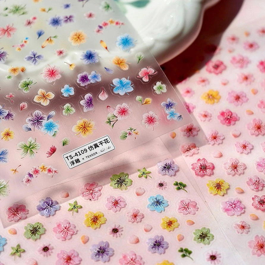 5D Floral Nail Art Stickers: Colorful Dried Flower Decals