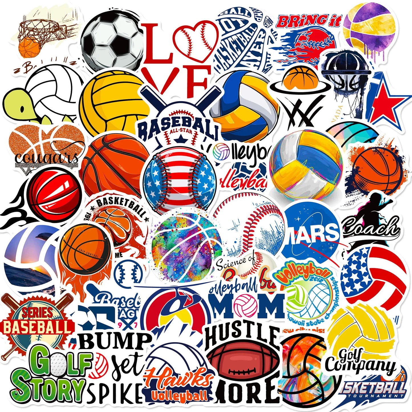50Pcs Cartoon Ball Graffiti Stickers for Helmet, Wall, DIY Decor