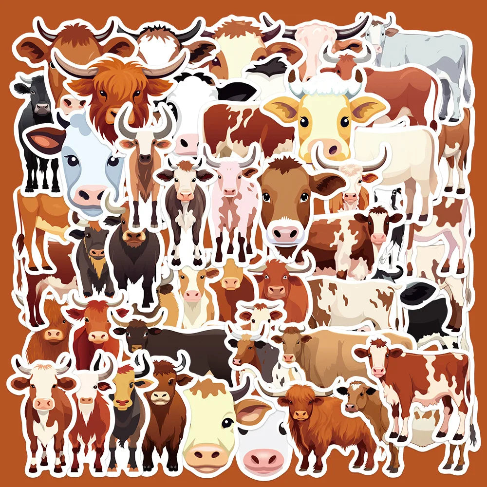 50pcs Cute Cow Cartoon Stickers for Helmet, Wall, DIY Decoration