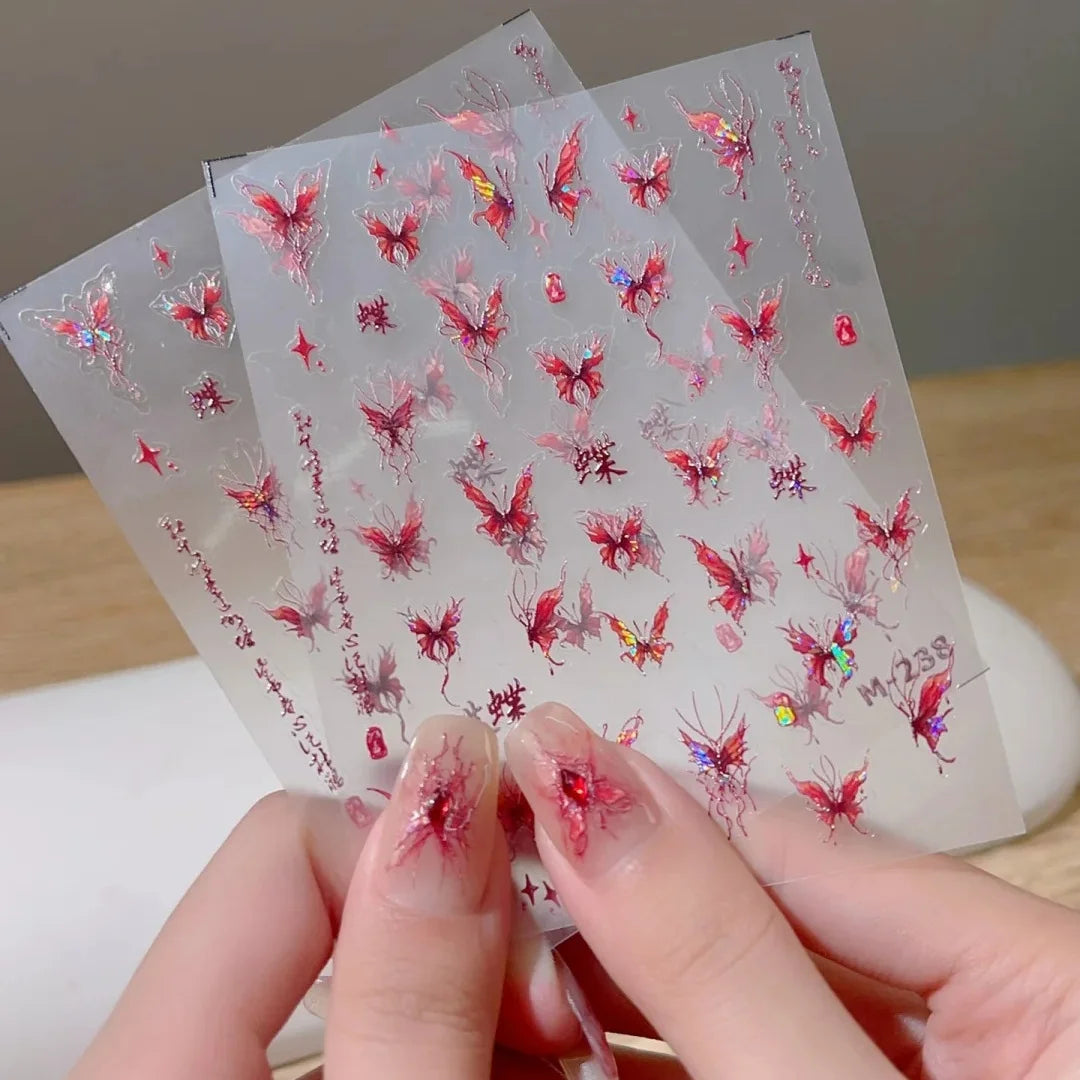 Dark Red Butterfly Nail Stickers 3D Holographic Glitter