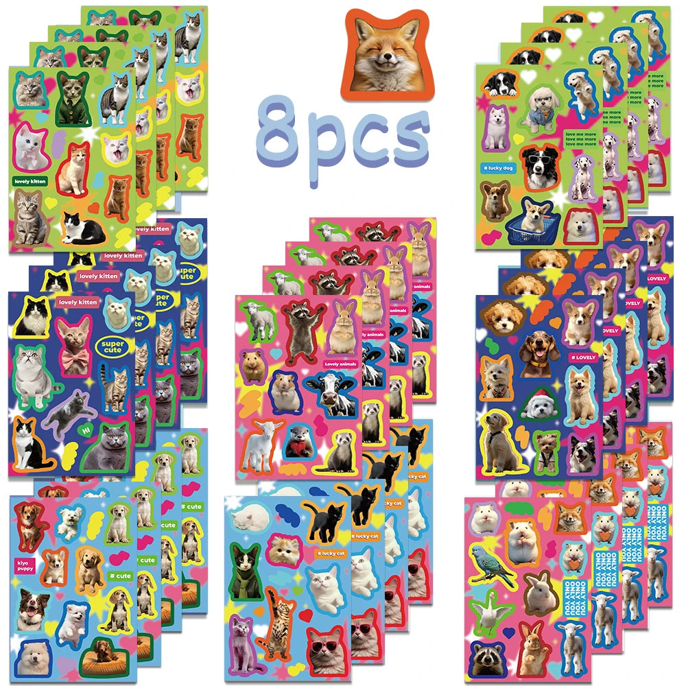 8 Sheets Cute Cat Dog Animal Stickers for Scrapbooking, Luggage, Laptop, Skateboard