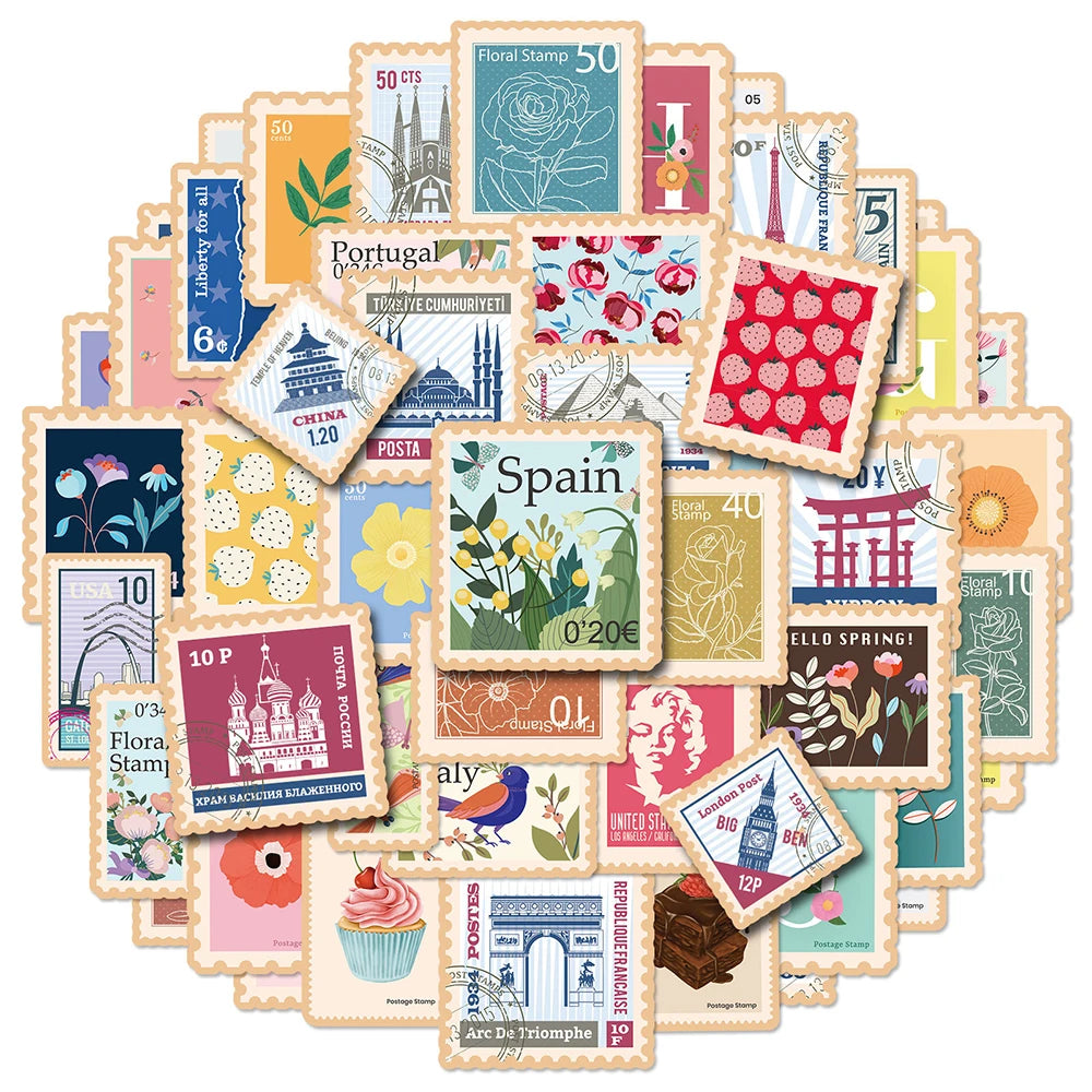 Retro Flower Stamp Stickers 10/30/50pcs Scrapbook Laptop Suitcase Kids Toys