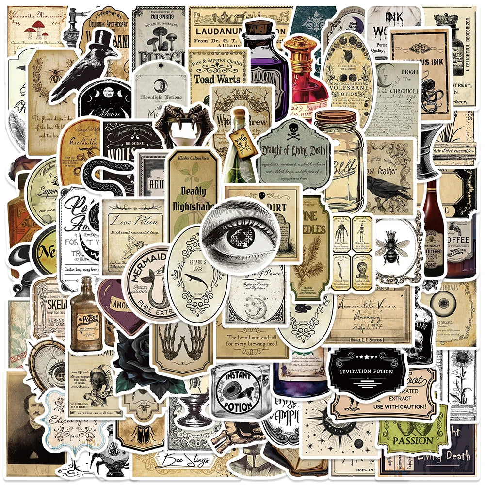 50/100pcs Retro Gothic Apothecary Potion Label Stickers Water Bottle Laptop Stickers Luggage Notebook Skateboard Vinyl Decals