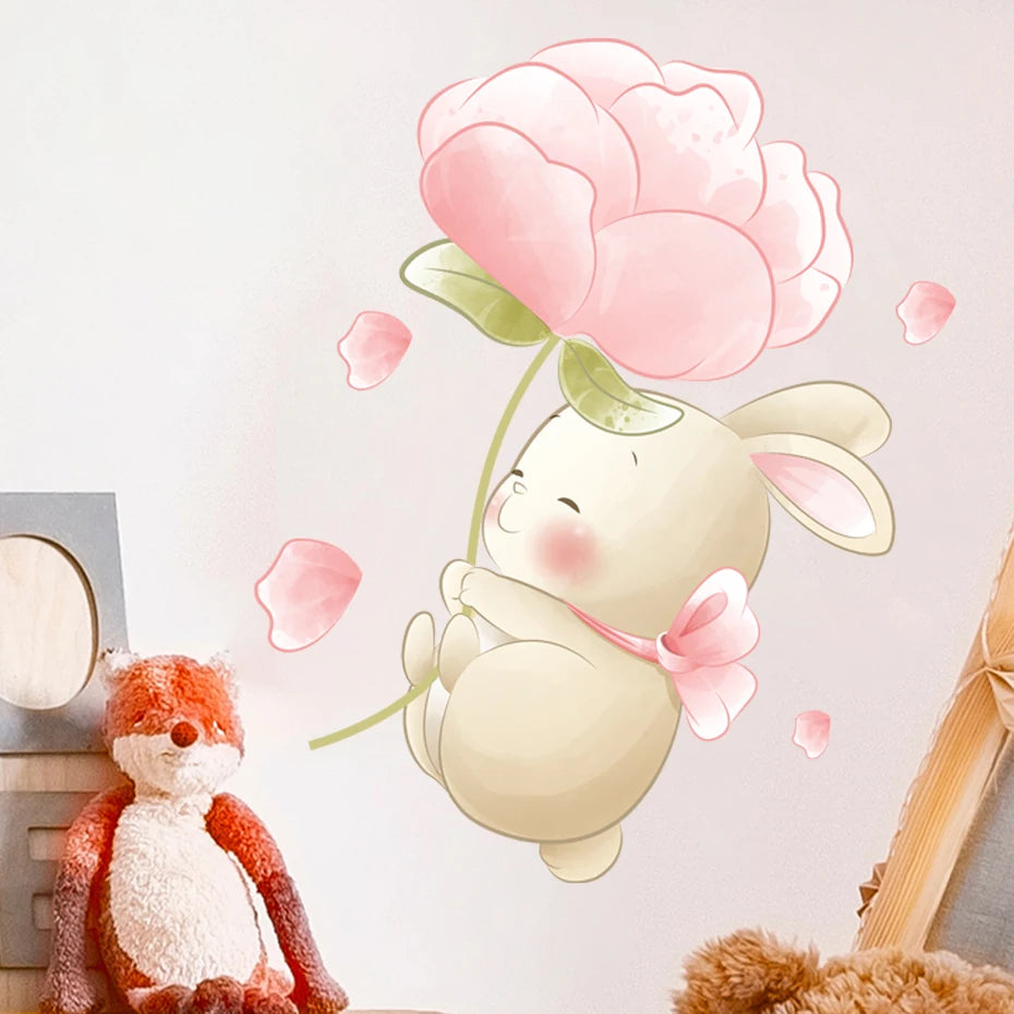 Cartoon Bear Rabbit Flower Wall Stickers for Kids Nursery Decor