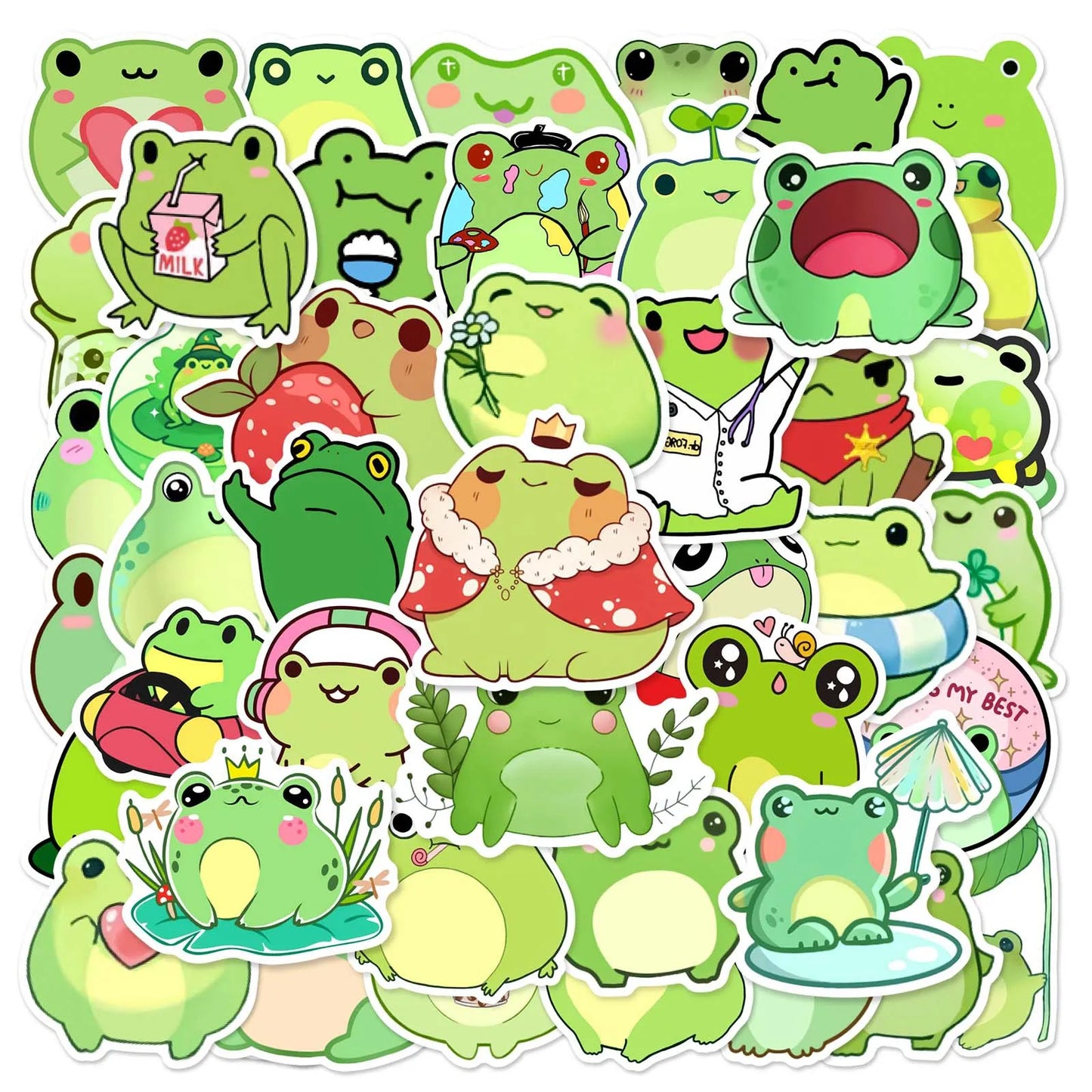 50pcs Cute Green Frog Stickers for Helmet, Wall, Desktop Decoration