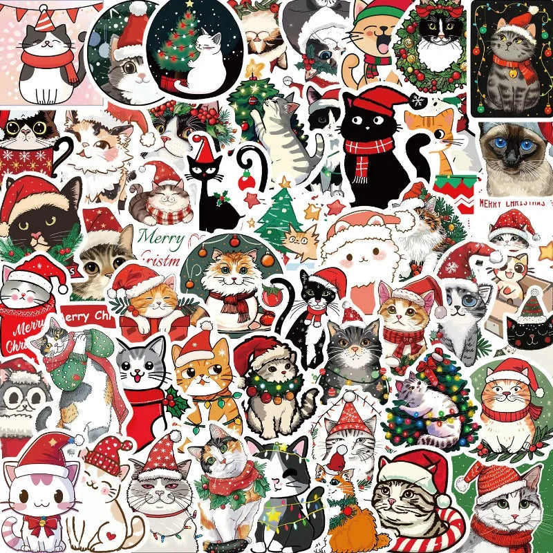 50pcs Christmas Cat Stickers for Laptop, Phone, Car, Scooter, Water Bottle, Suitcase, Stationery, Refrigerator