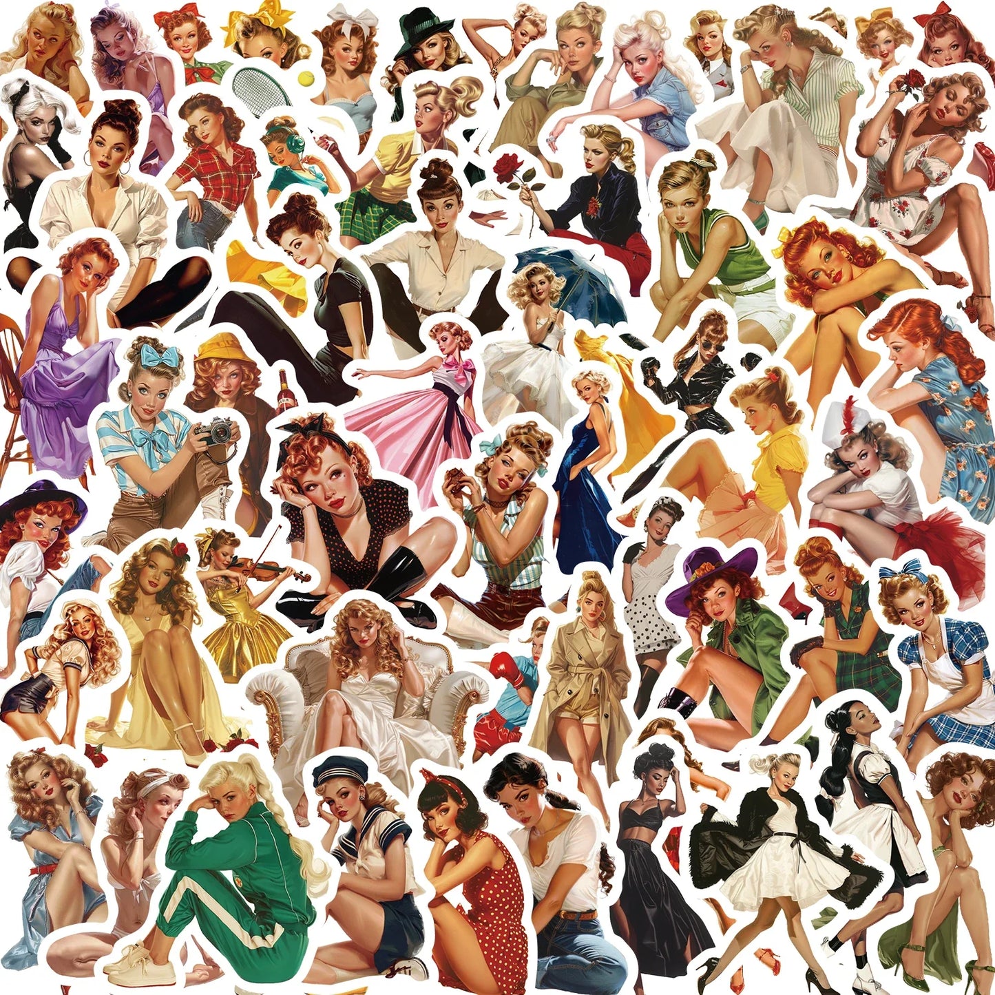 60 Retro Girl Vinyl Stickers: Laptop, Water Bottle, Car