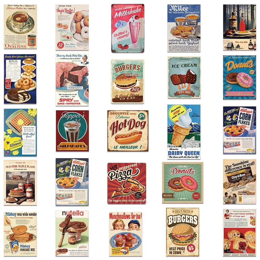 50pcs Retro Cartoon Food Stickers For Laptop Water Bottle Luggage Notebook DIY Waterproof Graffiti Vinyl Decals