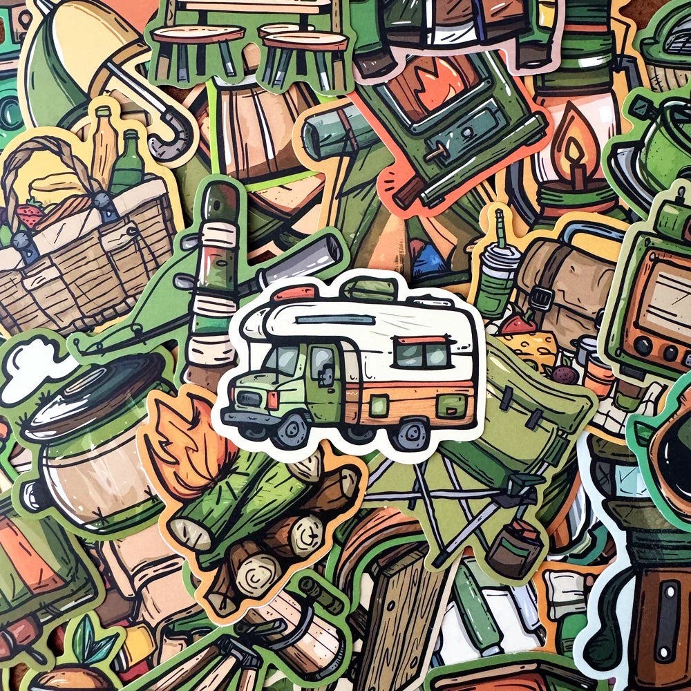 Cartoon Camping Car Gear Stickers for Snowboard Laptop Luggage Fridge DIY Vinyl