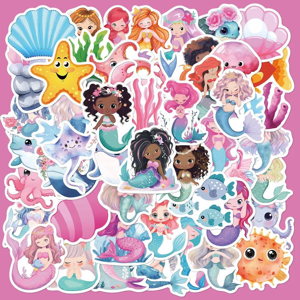 50pcs Cute Mermaid Cartoon Stickers for Helmet, Wall, DIY Decoration