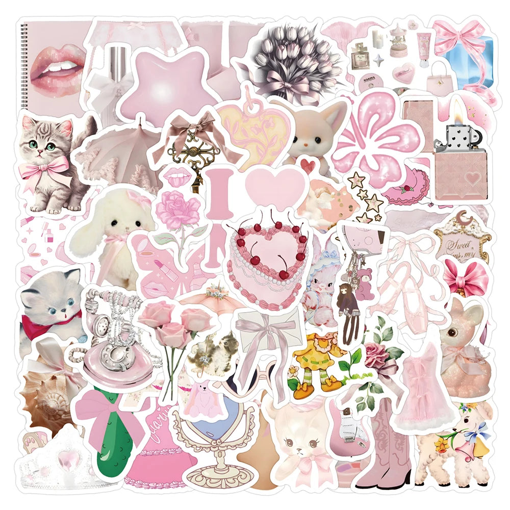 10/30/60pcs Retro Cute Coquette Pink Cartoon Stickers Decals Laptop Suitcase Scrapbook Phone Stationery Sticker for Kids Toys