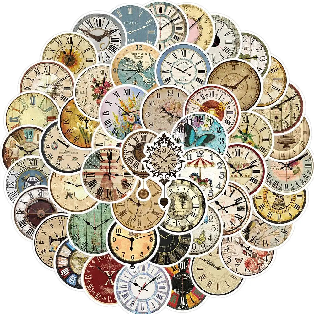 10/25/50pcs Retro clock Stickers Decals Cartoon Graffiti DIY Notebook Luggage Wall Decoration PVC Sticker