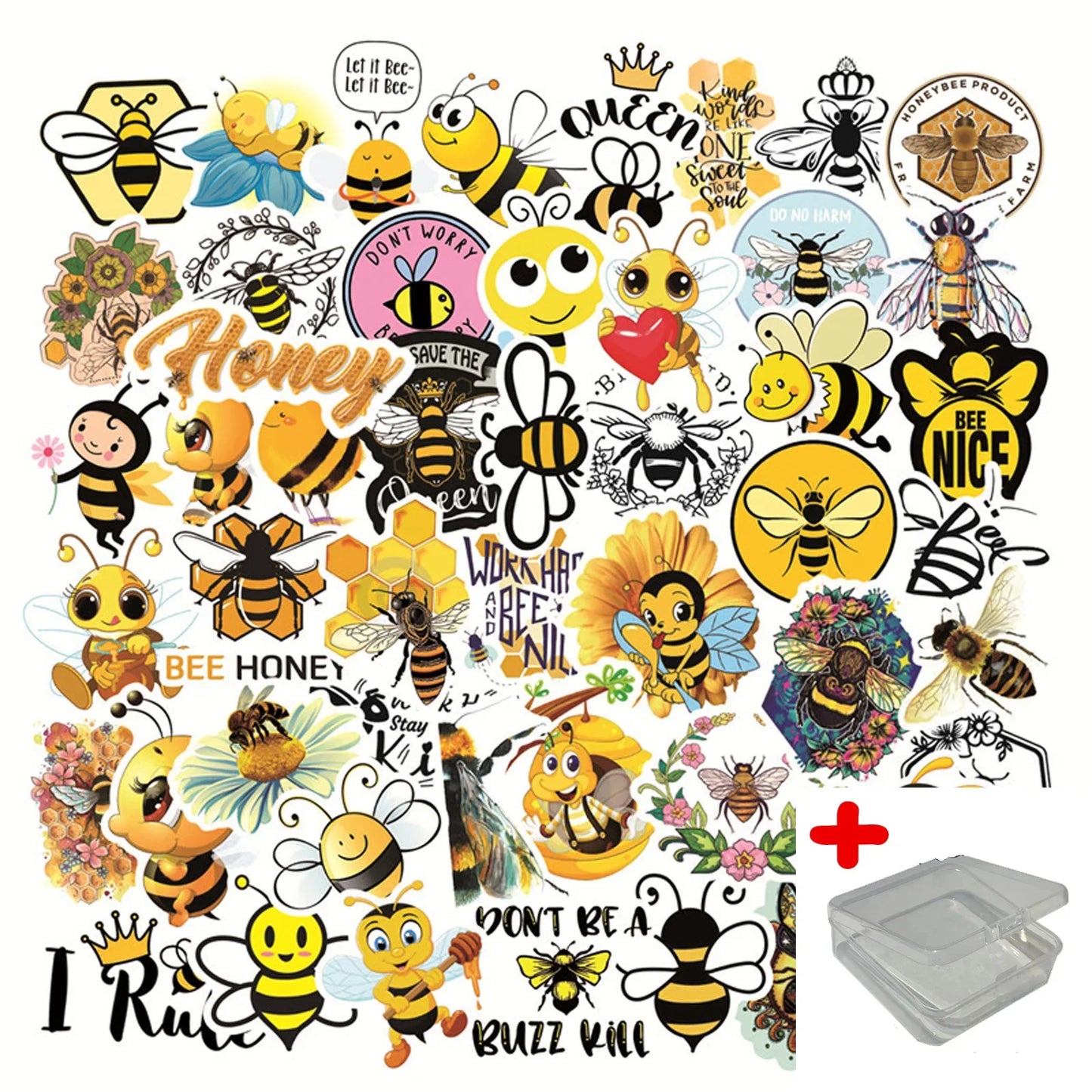 50pcs Cartoon Bee Stickers for Helmet, Wall, DIY Decoration with Storage Box