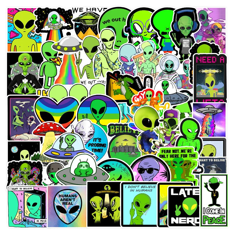 Cartoon Alien ET Stickers for Luggage, Water Bottle, Phone, Laptop, Guitar, Scrapbook, Helmet, Car, Wall Decal - 10/25/50pcs