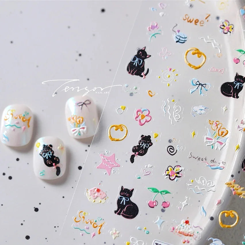 Cute Cat Cherry Nail Art Stickers Decals Manicure