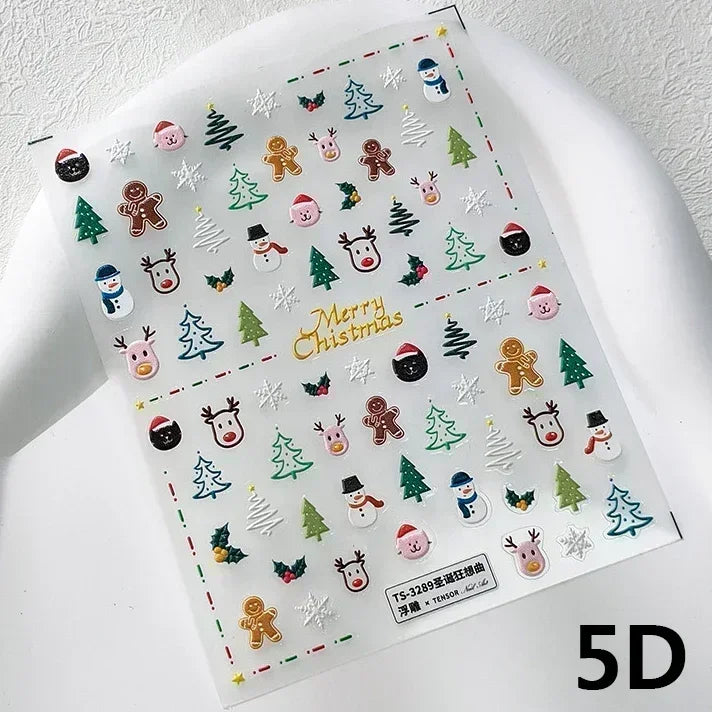 3D Christmas Nail Art Stickers: Snowman, Santa, Tree, Stars