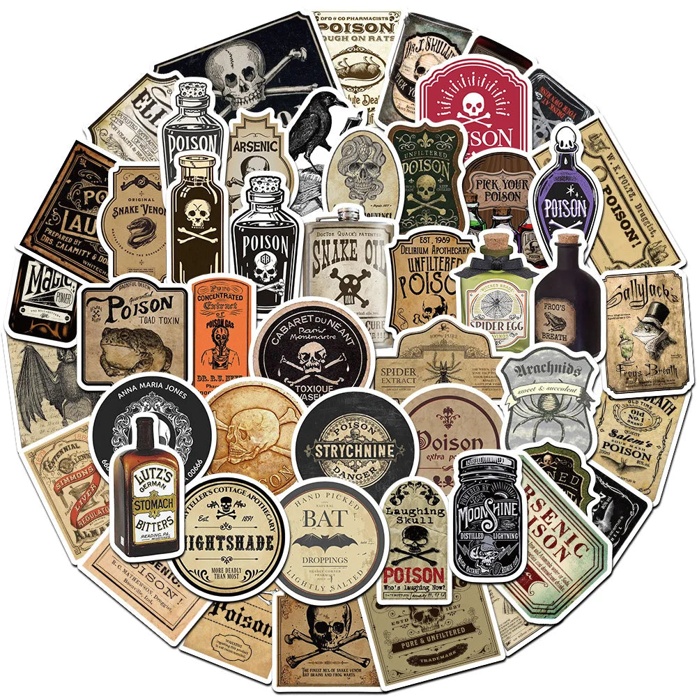 Retro Horror Potion Stickers for Suitcase, Skateboard, Laptop, Phone, Car - 10/30/50Pcs