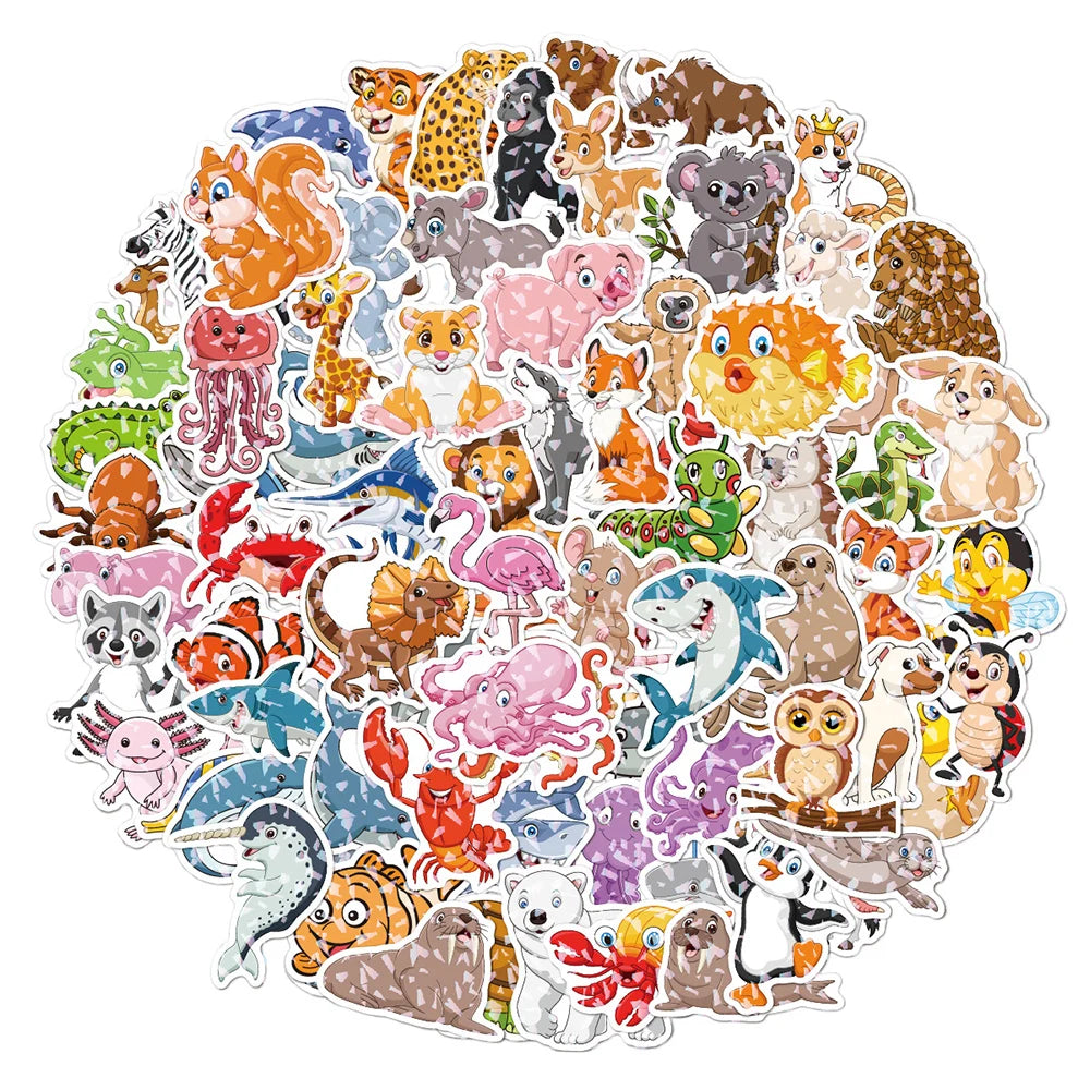 10/30/50/100PCS Cool Holographic Kawaii Animal Stickers Scrapbook Suitcase Phone Laptop Bike Guitar DIY Waterproof Toys Decals