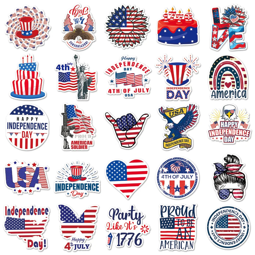 10/50Pcs American Flag Independence Day Cool Stickers Laptop Guitar Luggage Phone Waterproof Graffiti Sticker Decal Kid Toys
