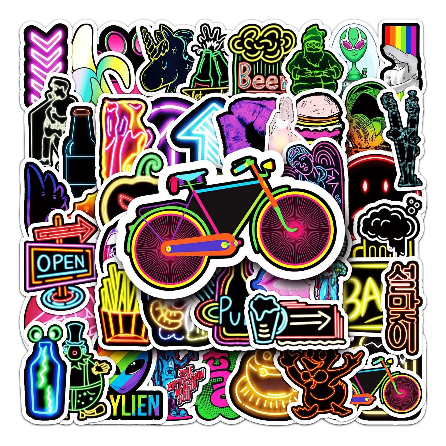 50Pcs Neon Cartoon Waterproof Vinyl Stickers for Skateboard Snowboard