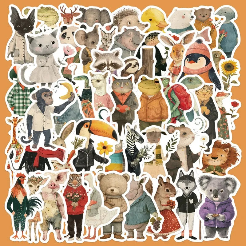 50pcs Retro Cartoon Animal Stickers for Helmet, Wall, DIY Decor