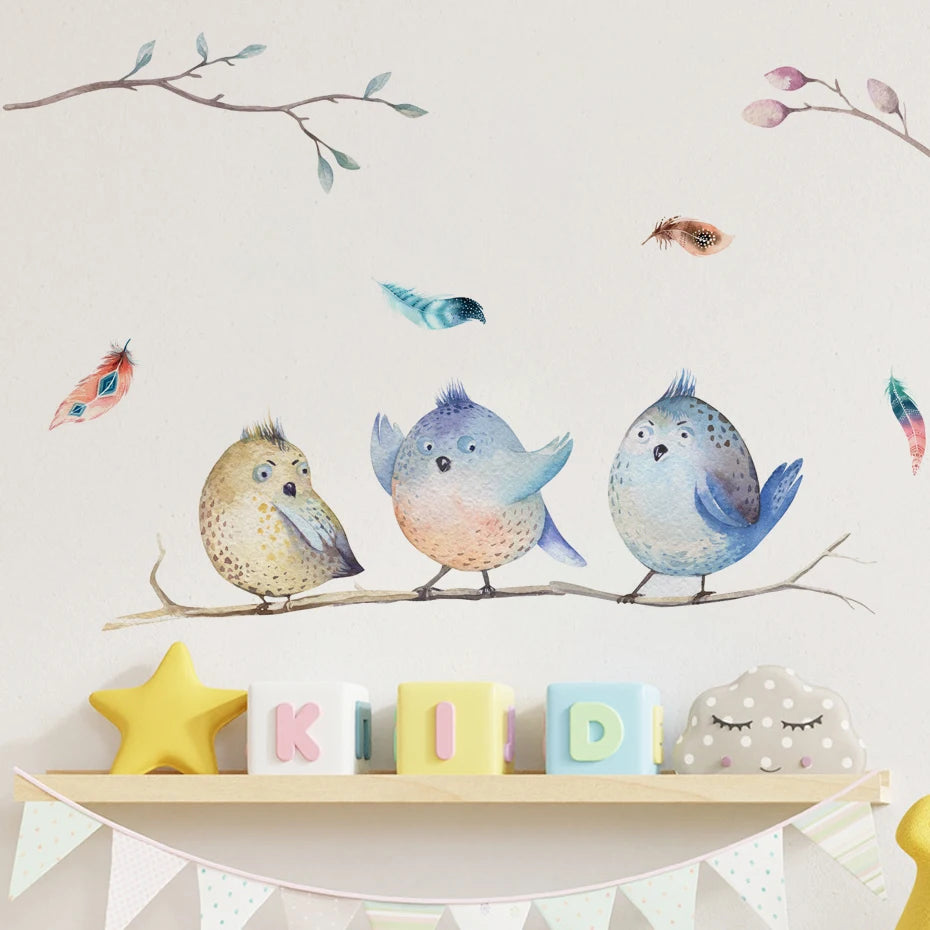 Watercolor Cartoon Bird Leaves Wall Stickers for Kids Nursery Room Decals