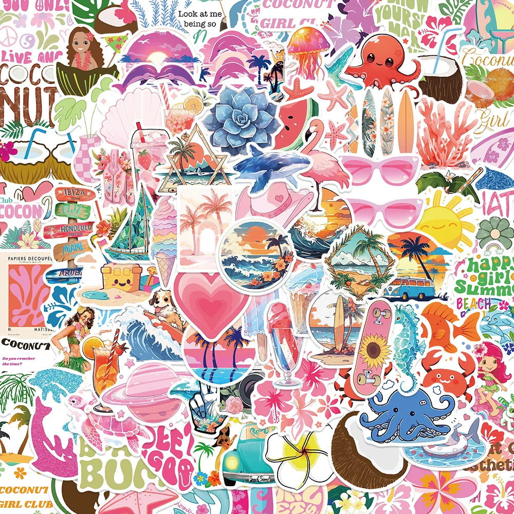 50PCS Waterproof Summer Coconut Stickers for Laptop, Phone, Diary, Planner