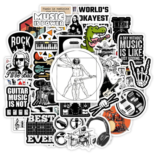 Music Band Rock Roll  Stickers Guitar Bass Drum DIY Kids Toy Gift for Phones Laptops Bottles Luggage Decorative Waterproof Decal