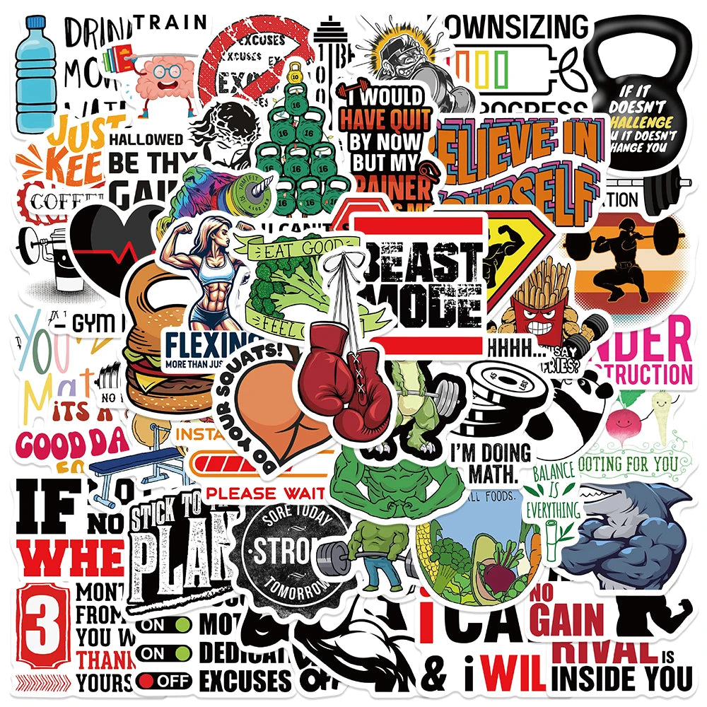 50pcs Funny Cartoon Sports Gym Fitness Stickers Motivational Sticker For Luggage Laptop Guitar Waterproof Vinyl Phone Decals