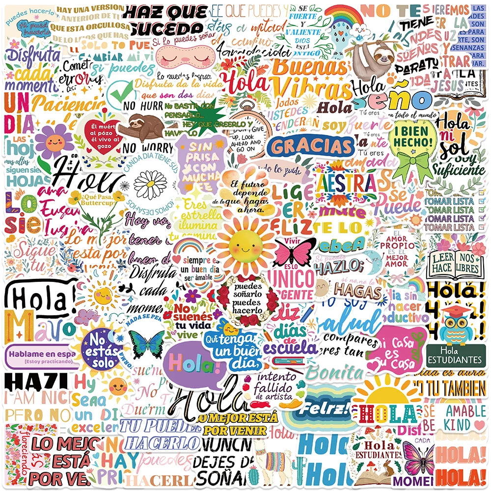 50/100pcs Funny Cartoon Spanish Motivational Phrases Stickers Positive Laptop Decals Luggage Guitar Phone Waterproof Graffiti