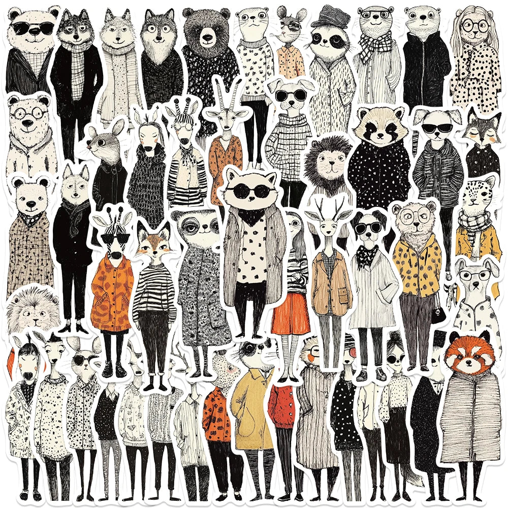 50pcs Funny Retro Fashion Cartoon Animals Graffiti Stickers For Luggage Laptop Guitar Phone Diary Waterproof Vinyl Decals