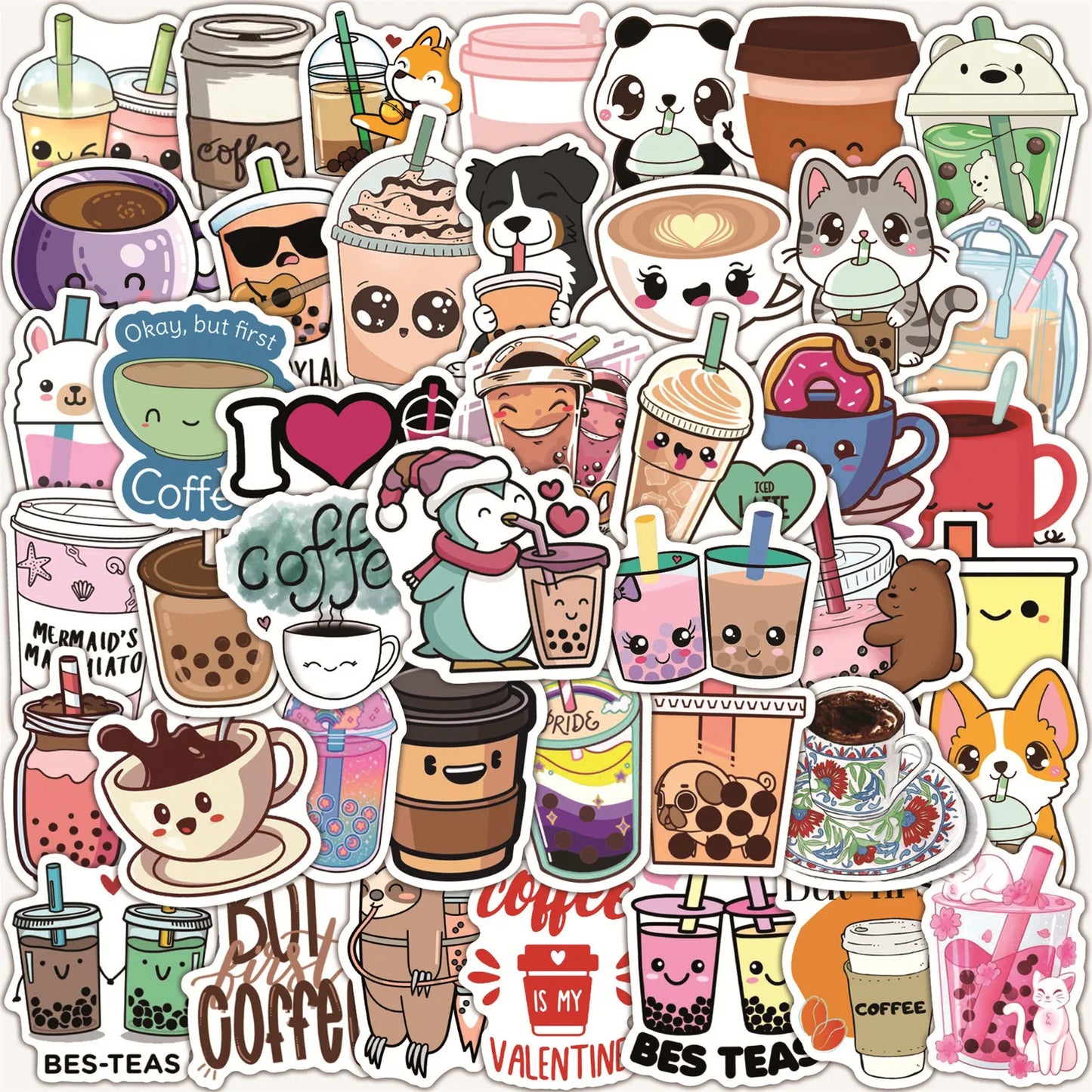 50pcs Cartoon Bubble Tea Stickers for Helmet, Wall, DIY Decoration