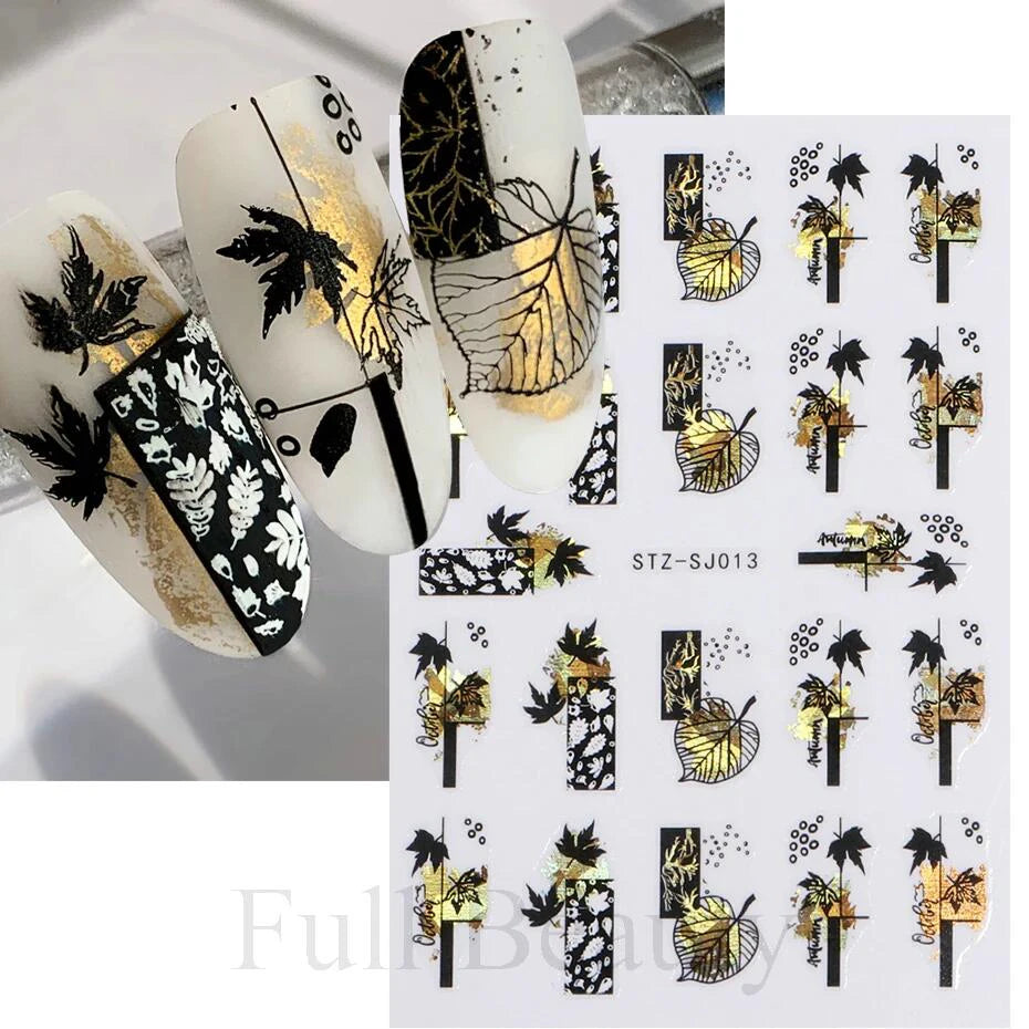 3D Gold Leaf Nail Stickers Black Cotton Flower Decals Manicure Design
