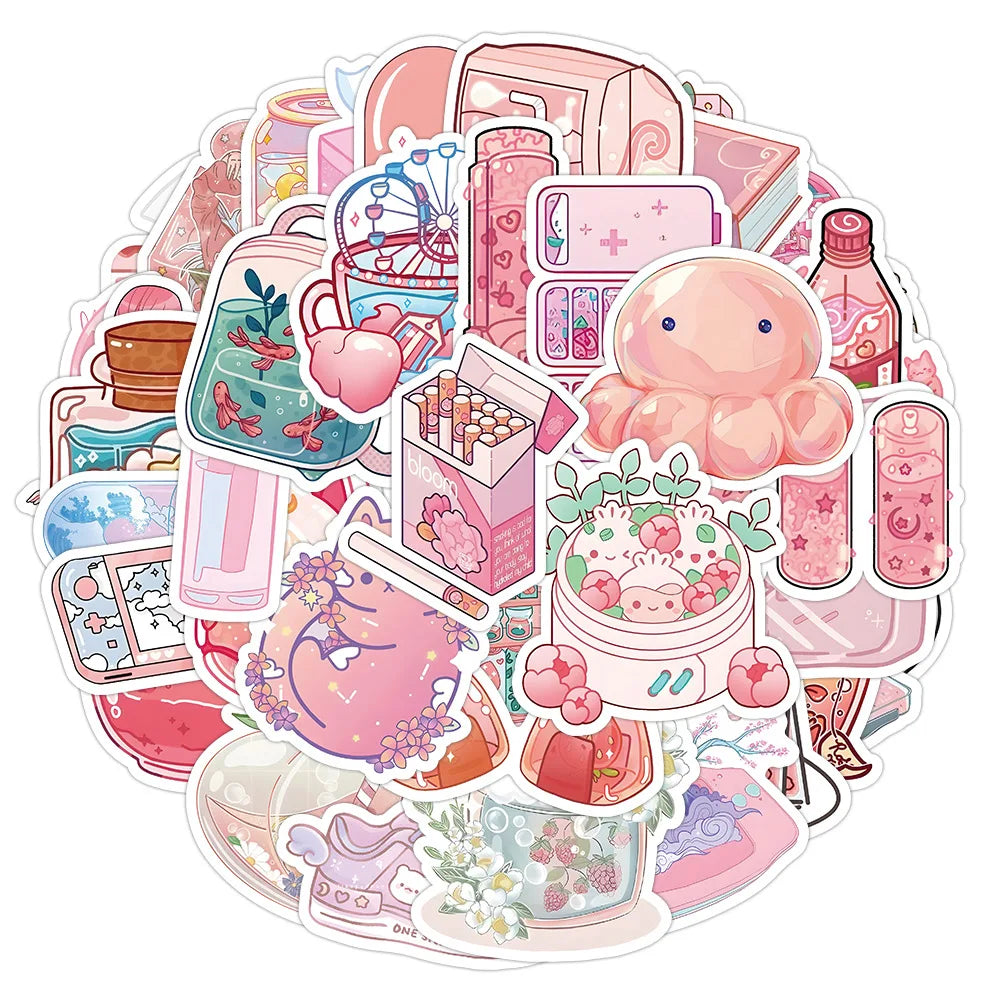 Pink Cartoon Stickers Set - Cute Decals for Luggage, Skateboard, DIY, Graffiti, Girl Gradient